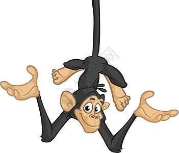 有趣的卡通猴子黑猩猩在向下挂起的矢量插图丛林快乐情感大猩猩漫画热带贴纸卡片尾巴绘画图片