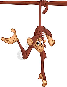 有趣的卡通猴子黑猩猩在向下挂起的矢量插图大猩猩婴儿打印动物园热带丛林艺术快乐香蕉欢呼图片