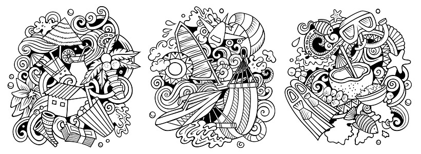 别墅线条马尔代夫漫画矢量涂鸦设计组环礁岛屿艺术海岸彩页海滩剪贴平房热带草图插画