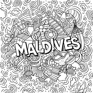 别墅线条马尔代夫的手画了漫画图解 有趣的旅行设计 笑声涂鸦冲浪地标线条背景填色潜水热带国家蜜月插画