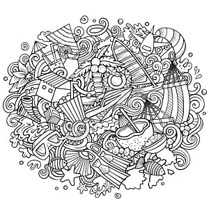 马尔代夫的手画了漫画图解 有趣的旅行设计 笑声艺术草图珊瑚异国平房别墅线条矢量热带地标插画