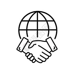 地球线性图标线条图标样式业务协议 与全球握手以签订交易合同 国际合作伙伴关系 全球业务团队合作 简单的轮廓矢量插图 白色背景上的设计设计图片