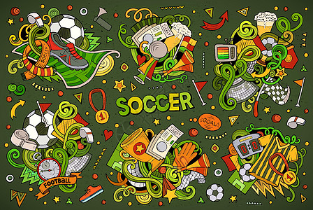 世界杯一组足球组合物体的矢量涂面卡通漫画设计手套卡通片管道操场网格裁判运动场锦标赛运动插画
