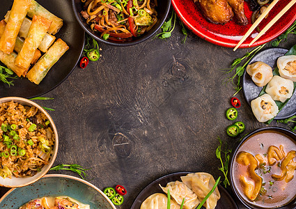 中国食物空白本背景饺子零食派对蔬菜点心油炸炒锅盘子春卷餐厅图片
