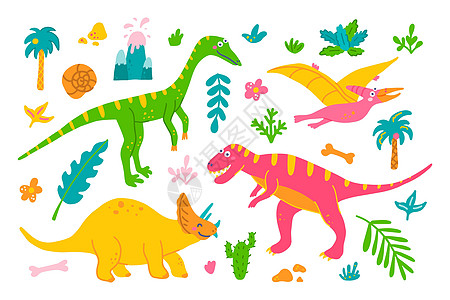 光亮的恐龙和白底白色植物集 手画风格 矢量儿童平板插图漫画打印卡通片怪物侏罗纪数字爬虫荒野收藏捕食者背景图片