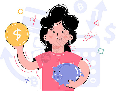 微笑的女孩手中握着小猪银行和硬币 设计演示 应用和网站的要素 趋势说明(见A/CN 9/WG II/WP 39)图片