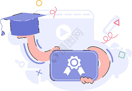 手持文凭和毕业帽子 演示 应用和网站设计要素 趋势说明 (a) 学习成绩;以及图片