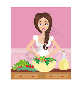 妇女在厨房用沙拉碗做健康烹饪图片