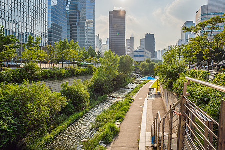 韩国首尔的溪流是大规模城市重建项目的结果 由KHAY街道公园人行道摩天大楼旅游节日景观照明建筑地标图片