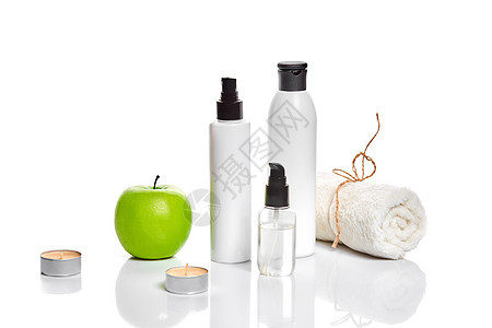 天然的温泉美容处理清洗产品 白底苹果为苹果卫生清洁洁净美丽呵护皮肤擦洗疗法保湿绒布图片