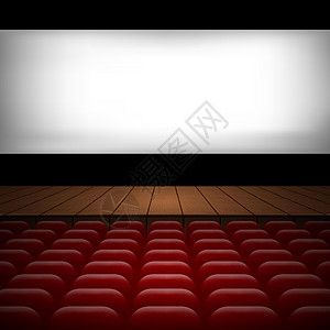 电影院内有红色窗帘 一排座位的室内插图 在电影院放映剧院奢华娱乐大厅广告牌海报脚灯屏幕展示场景图片