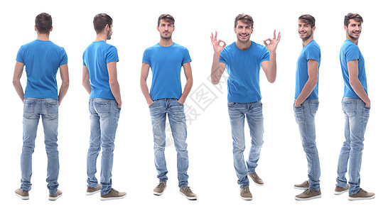穿牛仔裤的现代年轻人男人衣服纺织品蓝色工作室身体衬衫白色棉布青年背景图片