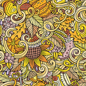手绘面条卡通可爱的面条 秋天无缝模式树叶季节装饰设计矢量叶子橡子手绘森林插图插画