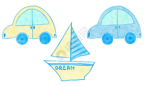 水彩手画出蓝色黄色可爱汽车汽车游艇运输的图例 男孩婴儿淋浴设计用于请柬问候晚会 苗圃剪辑是孩子们最起码的现代小印刷品“软糊色”图片