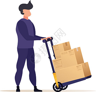 装货员或信使携带车厢的箱子 将包裹送回家或搬家的概念 卡通风格 矢量说明 孤立式图片