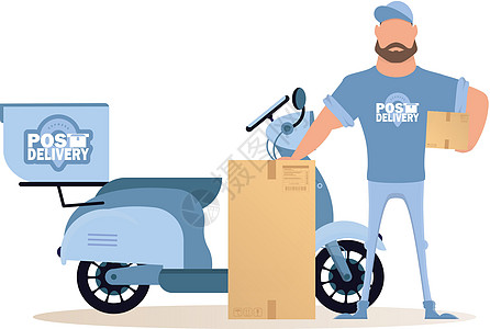 一个带盒子的快递员站在一辆摩托车旁边 送货的概念 在白色背景上 孤立无援图片