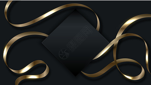 3D 金丝带卷卷形元素 黑色平方徽章 黑背景奢华风格图片