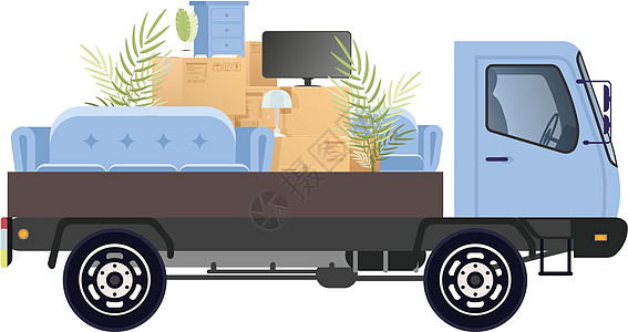 装满箱子和物品的汽车 迁移概念 白色背景 孤立 矢量插图;在电源插图中图片