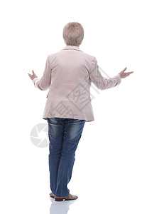 以白色空白屏为窗口的老年妇女 请用白屏幕显示空白购物消费者成人服饰配件女性化销售顾客牛仔裤图片