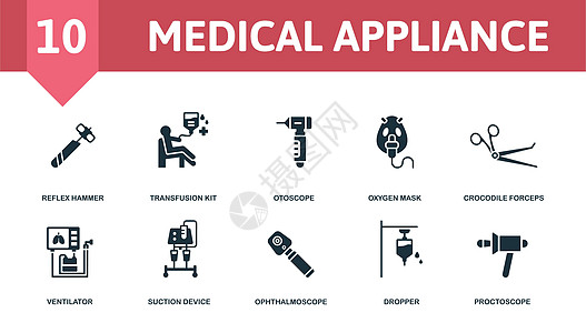医疗器具设置图标 可编辑图标医疗器械主题 如反射锤 耳镜 鳄鱼钳等酒店商业运动牙科医生旅行食物教育购物运输图片