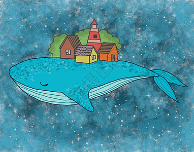 天空中的鲸鱼 其背后有房屋图片