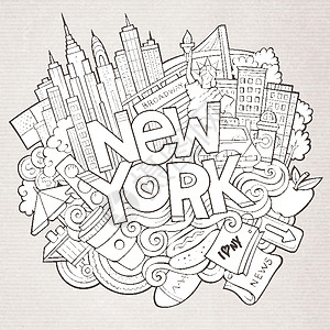 卡通可爱的面条手画纽约传记旗帜涂鸦景观矢量硬币摩天大楼建筑建筑学标识插图图片