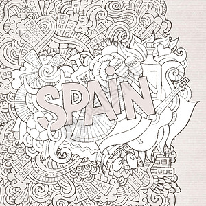 西班牙手写文字和涂鸦要素背景背景装饰手绘地标足球旅行风格斗牛舞蹈国家街道图片