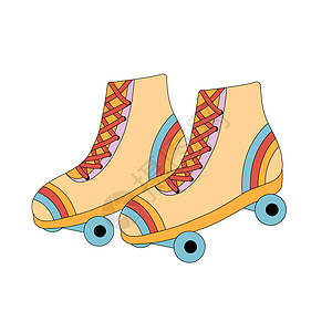带有多彩反向彩虹的可爱溜冰鞋 在白色背景上隔绝了70和80年代风格贴纸 用平坦的矢量图解图片