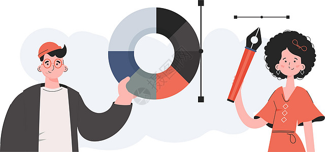 男人和女人用腰带站着 拿着彩色调色盘 设计 演示的元素 网站商业女士女性男人学习考试设计师人士调色板教育图片