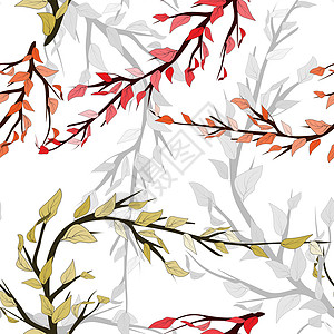 多彩背景上的无缝模式 线条艺术分支与秋天的落叶装饰设计 无缝矢量纹理 矢量秋天它制作图案棕色打印创造力墙纸纺织品植物学卡片包装插图片
