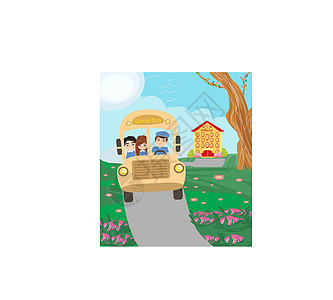 带快乐孩子的校车运输彩虹教育班级场地小学生女孩标题乐趣花朵背景图片