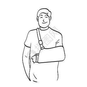 身戴手臂骨折的男子 用白色背景线艺术所隔离的手画出胳膊板形图解矢量图片
