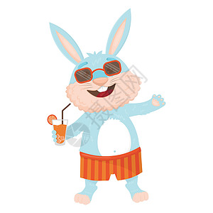 泳裤 墨镜和手握柠檬水的游泳箱和太阳眼镜中的可爱蓝兔图片
