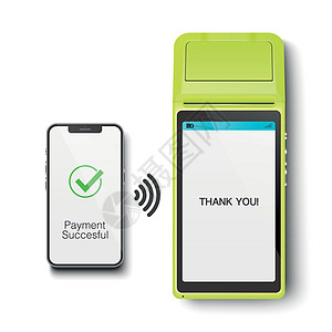 矢量 3d NFC 支付机和智能手机 支付成功 批准的交易 POS 终端 机器 电话隔离 银行支付无线非接触式终端设计模板 样机图片