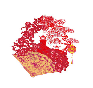中国风景和美丽的风扇插图日历卡片边界艺术建筑墙纸灯笼框架问候语背景图片