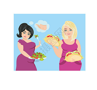 妇女在健康食品与不健康食品之间做出选择沟通食物诱惑插图友谊女性八卦肥胖沙拉耳语图片