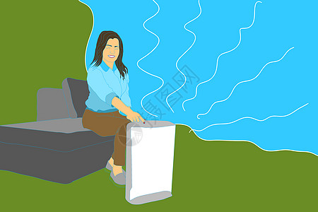 坐在沙发附近的空气净化剂和润湿剂用具附近的妇女 家庭健康微气候概念 插图图片