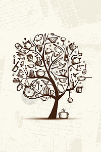 配有厨房用具的艺术树 设计图画桌子标识货架茶壶咖啡平底锅木板家庭盘子食物图片