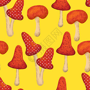 手绘无缝图案与秋季秋季蘑菇真菌 野生自然背景 橙红黄色感恩节森林木林地织物印花 用于纺织壁纸包装纸橙子花园木头墙纸植物学森林打印图片