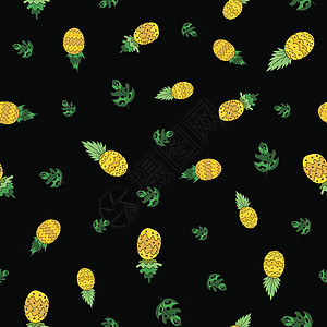 黑背景上的菠萝无缝向量模式图片