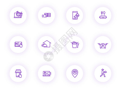 带有紫色阴影的浅色圆形按钮上的食物递送紫色轮廓矢量图标 为 web 移动应用程序 ui 设计和打印设置的食品交付图标用户杂货店应图片