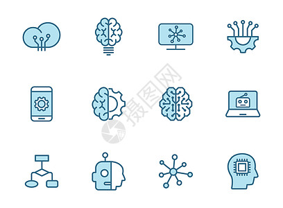 人工智能线填充矢量图标在白色背景上隔离的两种颜色 人工智能蓝色图标集 用于网页设计 ui 移动应用程序 印刷印刷术和促销业务科学图片
