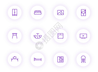 家具紫色轮廓矢量图标上带有紫色阴影的浅色圆形按钮 为 web 移动应用程序 ui 设计和打印设置的家具图标枝形收藏抽屉界面用餐卧图片