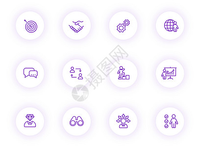 团队合作紫色轮廓矢量图标在带有紫色阴影的浅色圆形按钮上 为 web 移动应用程序 ui 设计和打印设置的团队合作图标经理商务网络图片
