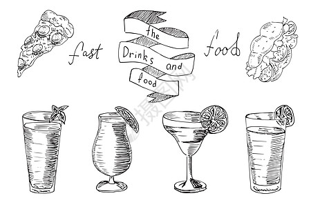 Doode套装 快速食品和饮料的矢量组 素描风格的矢量插图图片