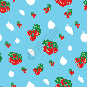 蓝背景樱桃番茄重复型样设计西红柿红色厨房包装花园饮食农业纺织品插图绿色图片
