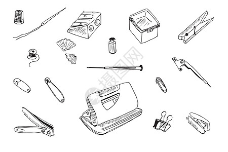 带针的文具和线的矢量集合 一套学校或办公用品纺织品针线活回形针织物纽扣缝纫材料别针订书机爱好图片