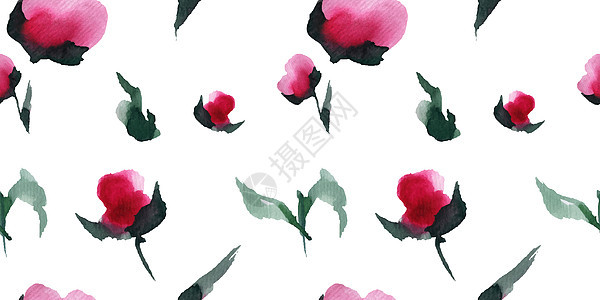 中华小白龙无缝模式紫色花束水彩香气纺织品红色粉色植物群艺术图片