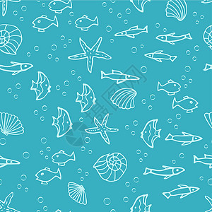 无缝模式 有鱼图标 贝壳 蓝底海星盐水海星卡通片插图手绘织物艺术野生动物墙纸水族馆图片