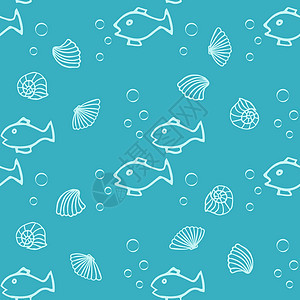 无缝模式 有鱼的图标 贝壳在蓝色背景上图片